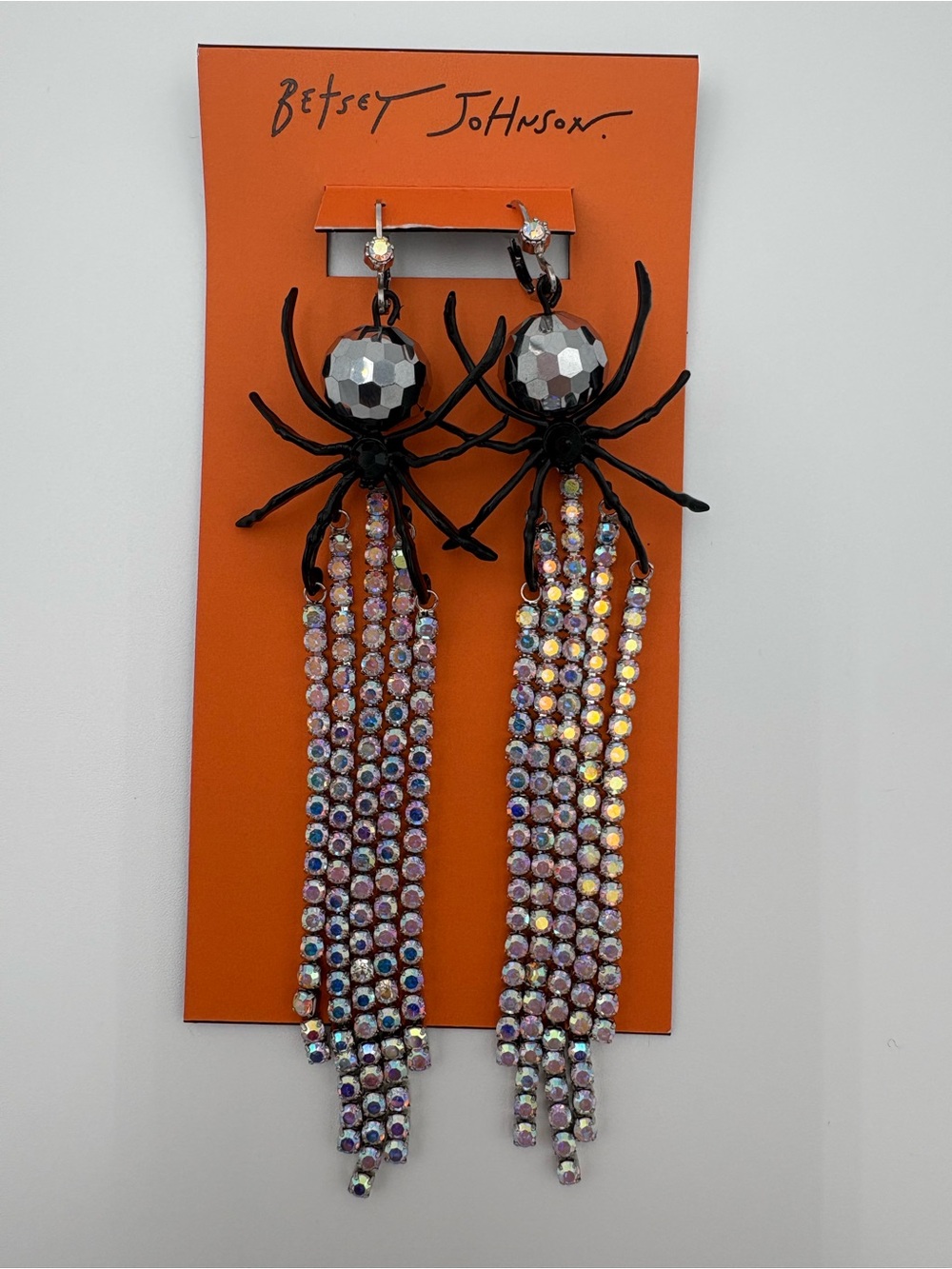 🕷️ Betsey Johnson Rhinestone Spider Disco Ball Fringe Earrings